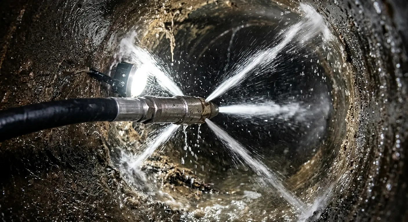 High-pressure hydro jetting nozzle cleaning sewer pipe for Emergency Drain Service in Hermitage