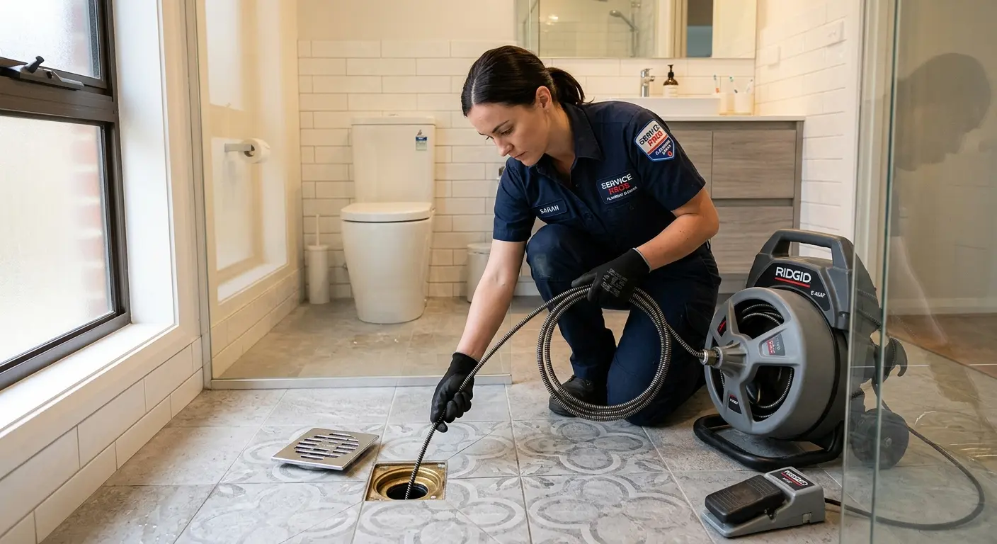 Technician clearing a bathroom floor drain for Hydro Jetting in Hermitage